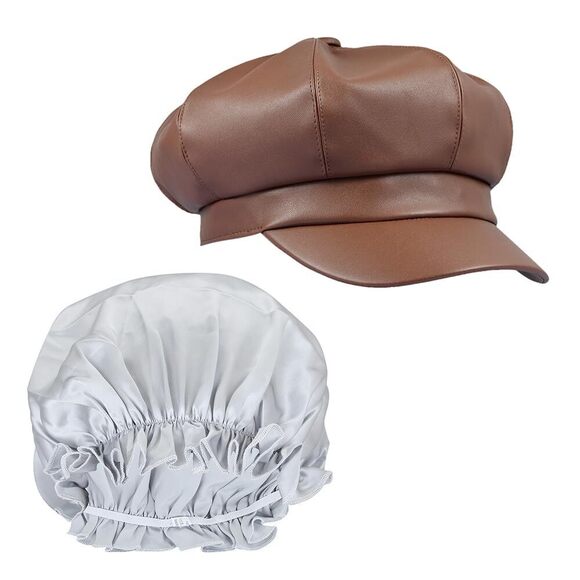 6732 Brown Newsboy Plain Cabbie Visor Beret Hat & Grey Natural Silk Night main image 4